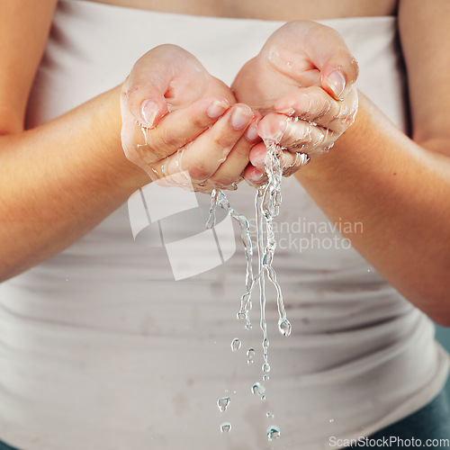 Image of Woman, water and washing hands zoom, skin with health and beauty for hygiene and hydration, moisture and skincare. Wellness, natural cosmetics and body care with shower and cleaning hands with splash