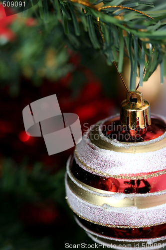 Image of Christmas ornaments on tree.