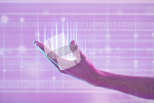 Image of 3d futuristic, hand and man with binary numbers in metaverse cyber world. Augmented reality, digital transformation and male with data, computing hologram or ux, coding or programmer software in palm