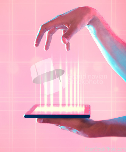 Image of Connection, social network and hands with a tablet for ux, communication and internet on a pink background. Website, media and person with neon screen of technology for contact, networking and app