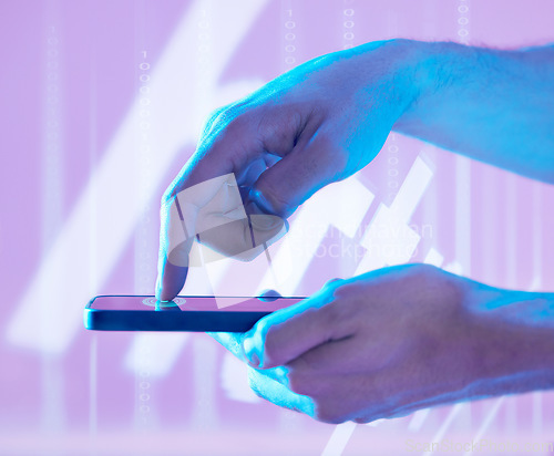 Image of Futuristic, fingerprint and hands of man with phone pressing to unlock. Biometric, finger scanning and male with mobile smartphone for cyber security, biometrics and identification with neon software