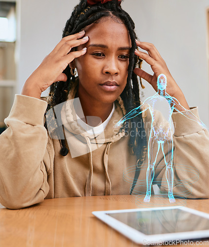 Image of Woman with tablet hologram of human body anatomy for digital research, online analysis study or e learning. Virtual 3d screen display, African girl focus and medical student thinking about innovation