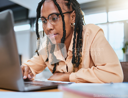 Image of Black woman, laptop and focus reading communication for email conversation, web management or planning strategy. African girl, typing and online networking or check digital marketing on tech device