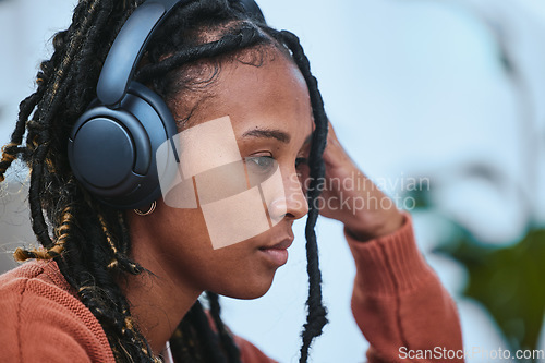 Image of Music, headphones and black woman thinking of mental health, ideas for staying calm and peace while studying. Student listening to podcast or person audio technology for university stress management