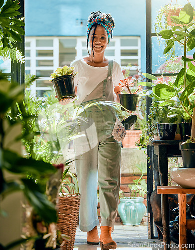 Image of Black woman, portrait and plant shop for gardening, nursery or greenhouse retail. Entrepreneur working in green startup or small business for sustainability, environment and entrepreneur growth