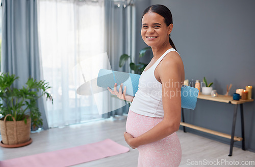 Image of Portrait, start or pregnant woman ready for yoga exercise or fitness workout for wellness in house living room. Pregnancy, maternity or healthy mother to be with a calm happy smile training at home