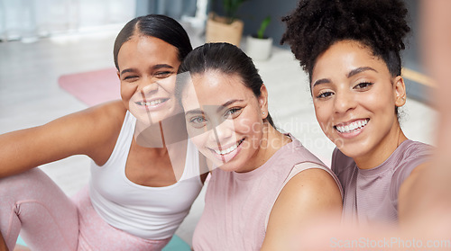 Image of Portrait, yoga or women take a selfie for social media after exercise or group workout in home fitness studio. Pictures, wellness or healthy friends with a happy smile on faces in training together