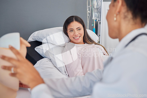 Image of Consulting, pregnant and girl with doctor in clinic for medical expertise and progress assessment. Baby, pregnancy and happy mom with black woman gynaecologist for professional update of development