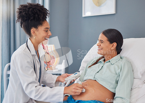 Image of Pregnant woman, hospital ultrasound and doctor with stomach scan for baby healthcare, medical support or gynecology. Pregnancy maternity consultation, clinic or patient abdomen with gynecologist help