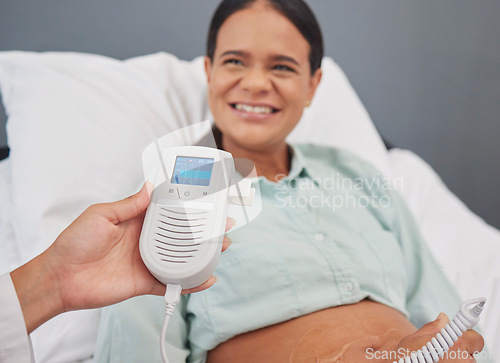 Image of Pregnant woman, doctor check or heart monitor for baby healthcare, medical support or hospital gynecology. Pregnancy maternity consultation, patient stomach or gynecologist with fetal doppler machine