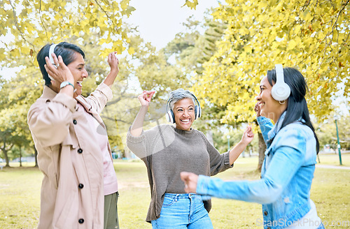 Image of Music headphones, friends and women dance at park outdoors. Senior, dancing and carefree group of elderly females with happy daughter streaming radio, podcast or fun audio song and bonding together.