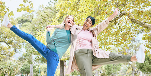 Image of Dance, happy or senior friends in a park in celebration of a crazy, funny or relaxing holiday vacation in summer. Wellness, old woman or elderly women hugging, bonding or dancing playfuly in nature
