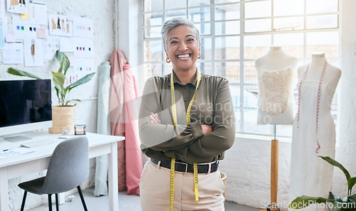 Image of Fashion, designer and portrait of senior woman in workshop studio for manufacturing, planning and idea. Tailor, boutique and retail with employee and illustration for creative small business