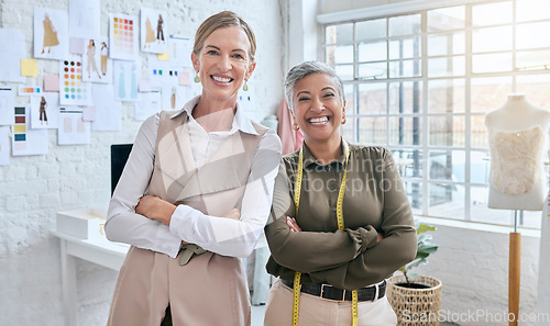 Image of Happy, fashion and designer team portrait in workshop together for collaboration on creative idea for small business. Creativity and vision of mature dressmaker women with optimistic mindset.