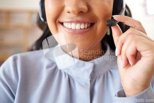 Image of Mouth, contact us or woman in a call center with a microphone networking, talking or speaking to client online. Smile, zoom or happy sales agent in communication or conversation about insurance deal