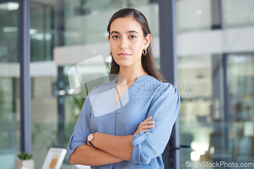 Image of Face, leadership and business woman with arms crossed in office ready for targets or goals. Ceo, boss and portrait of proud female entrepreneur from Canada with vision, mission and success mindset