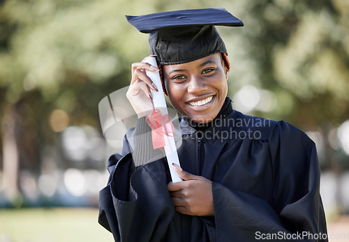 Image of Graduate with certificate, black woman at graduation with university success in portrait and achievement. Student in graduation cap outdoor, motivation and future, happy woman with diploma and mockup