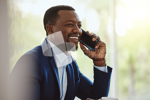 Image of Phone call, communication and negotiation with a business black man talking while working in corporate. Mobile, networking or management with a male CEO feeling happy while chatting on his smartphone