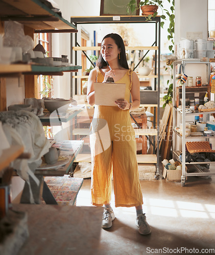 Image of Woman, workshop and planning notes for pottery checklist, inventory and product manufacturing. Ceramic manager thinking of product, stock and designer in small business, studio and retail production