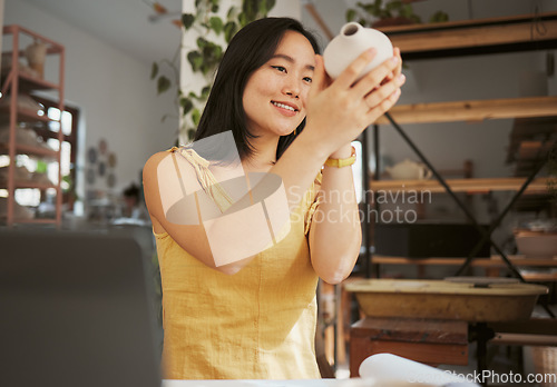 Image of Happy woman, ceramic product and class in workshop, creative studio and manufacturing startup. Female small business owner, pottery designer and artist working with sculpture, creativity and process