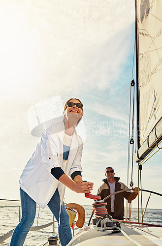 Image of Happy couple, boat and steering helm in sea travel, holiday investment and retirement wealth hobby. Rich, fun and sailing of mature people on ocean or lake water for outdoor adventure and activity