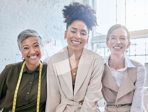 Image of Portrait, team and fashion designer women in workshop, smile and happy about startup business. Face, group and female partners excited for success, design studio and creative manufacturing company