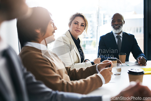 Image of Planning, data analysis or business people happy with smile in meeting, invest strategy or company finance investment. Collaboration, success or teamwork on data analytics or global financial network