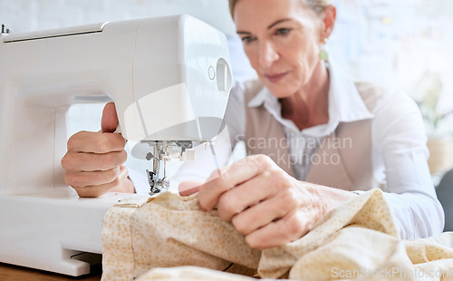 Image of Tailor, senior woman and sewing machine for fabric clothes, luxury apparel or creative design in studio workshop atelier. Startup small business designer, service and sewer working on fashion outfit