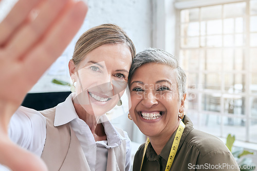 Image of Fashion, designer and selfie of women in workshop taking pictures for happy memory. Face portrait, small business or senior female tailors taking photo for social media post while working in boutique