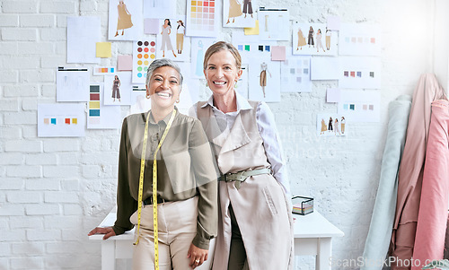 Image of Fashion industry and happy portrait of women in workshop with creative collaboration and idea for business. Planning, creativity and vision of mature dressmaker team with optimistic mindset and smile