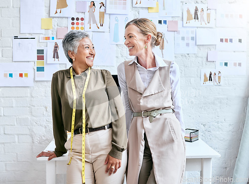 Image of Fashion business and happy team thinking, brainstorming and working on creative idea together in workshop. Planning, creativity and vision of mature dressmaker women with optimistic mindset.