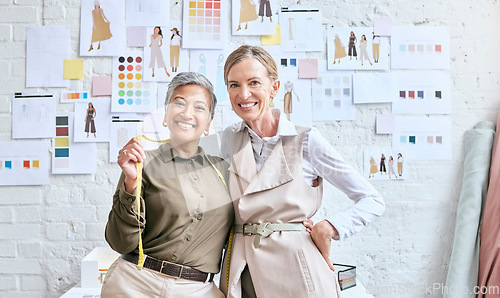 Image of Team, fashion designer and portrait of senior women in workshop, happy and smile for small business. Face, elderly and female partners excited for success, design studio and manufacturing company