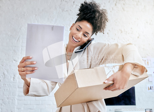 Image of e commerce, package and logistics woman or small business owner for startup checklist, delivery and documents. Product supplier, box and paperwork of black person on phone call with courier services