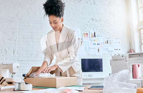 Image of Fashion store delivery, box or black woman packaging stock product for commercial distribution or courier shipping. Logistics export, retail safety container and girl working in supply chain industry