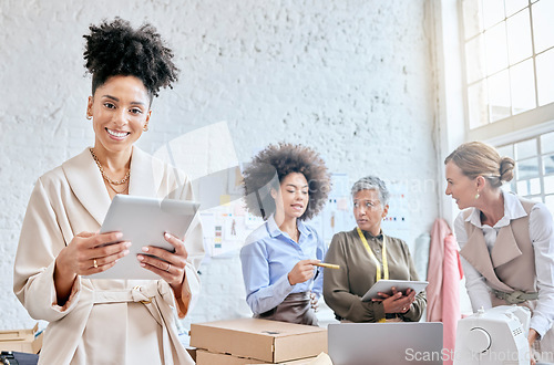 Image of Manager portrait, ecommerce delivery tablet or team diversity, package or stock product for commercial distribution. Logistics courier shipping, retail store box or happy black woman in supply chain