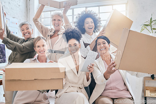 Image of Shipping portrait, delivery box and happy people teamwork on retail package, stock product or sales distribution. Logistic ecommerce, diversity group or startup fashion designer in supply chain store