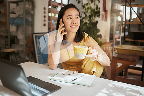 Image of Phone call, coffee and Asian woman for creative startup in planning, online conversation and talking to client. Communication, network and girl with laptop, smartphone and notebook for art business
