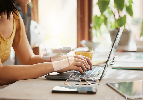 Image of Computer, woman hands and online working of a remote employee with code work at home. Web research, internet and pc writing of a female freelancer typing on a laptop planning for coding writer job