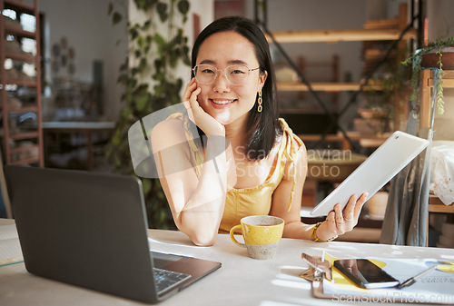 Image of Happy, research and tablet with portrait of asian woman in startup for management, planning and strategy. Idea, vision and creative with small business owner for branding, agenda and web design