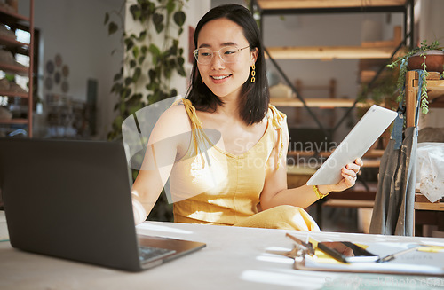 Image of Thinking, research and tablet with asian woman and laptop in startup for management, planning or goals. Idea, vision and creative with small business owner for branding, agenda or web design