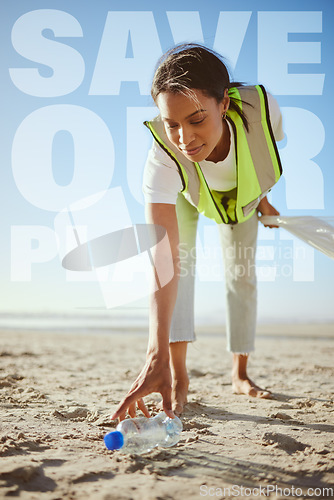 Image of Woman, recycle and plastic to save our planet, eco friendly or clean environment working on the sandy beach. Happy female volunteering worker cleaning the ocean coast by picking up bottle on the sand