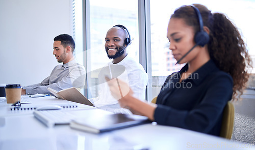 Image of Call center, telemarketing and black man consultant with sales success, teamwork and telecom communication. Technical support agent, customer services and confident people portrait for crm planning