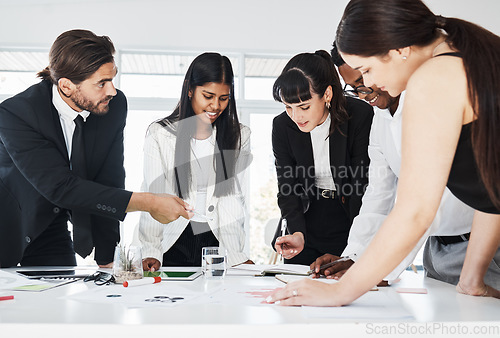 Image of Teamwork, business meeting and discussion planning finance report, sales presentation or financial management in office. Group of people, team collaboration and conversation for documents analysis