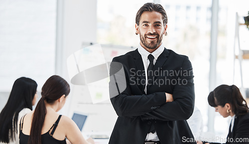 Image of Leader businessman, portrait and business people in office for budget meeting, discussion or strategy for success. Finance manager, standing and focus for teamwork, collaboration and corporate goals