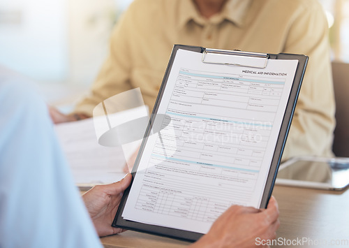 Image of Health insurance, healthcare and medical aid information with clipboard and health data. Application form, healthcare paperwork with hands and personal info for medicine, admin and documents.