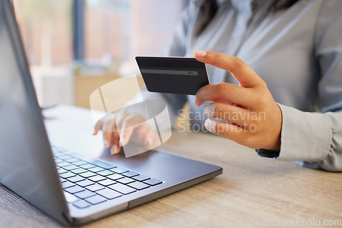 Image of Credit card, laptop and finance with hands of woman for payment, online shopping and budget. Ecommerce, fintech and password with girl customer and banking for investment, website and internet