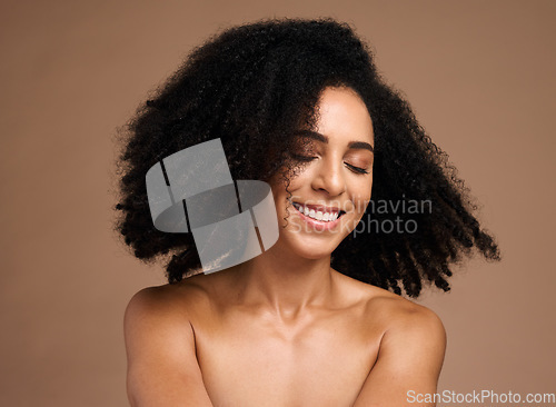 Image of Hair care, afro beauty and face of black woman with clean shampoo hair, healthy hair growth and spa salon healthcare. Wellness, cosmetology and African model with skincare glow, makeup and cosmetics