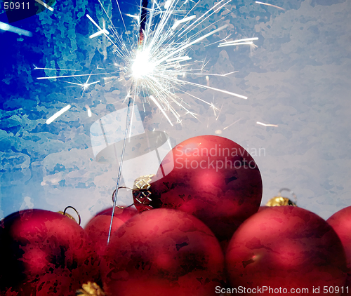 Image of red christmas balls, fireworks and blue backrounds