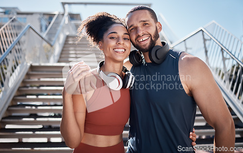 Image of Support, smile and portrait of a couple training in the city, happy running and fitness in Brazil. Happiness, friends and man and woman with affection during stairs exercise for cardio health