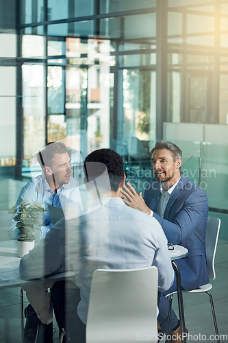 Image of Office, planning and business men in meeting for marketing strategy, ideas and work project. Teamwork, collaboration and group of male workers in discussion for goals, target and vision in building